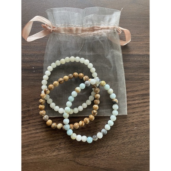 Jewelry - Set of 3 Natural Stone Beaded Stretch Bracelets – Amazonite, Jasper And Quartz